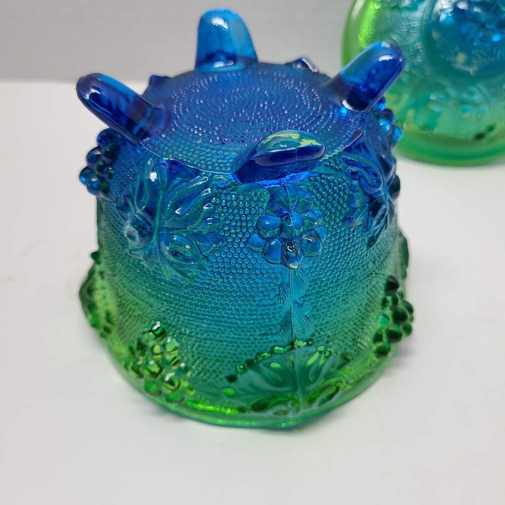 Vintage Jeanette blue/green footed grape leaf glass candy dish w/ lid Capote - Picture 6 of 16
